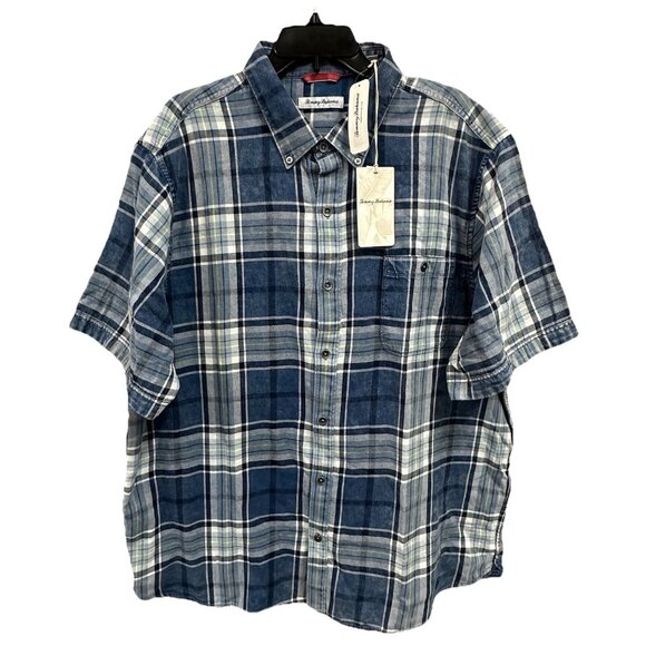 Tommy Bahama Mens XXL Hola Indigo Bering Blue Plaid Short Sleeve Button-Up Shirt - Picture 1 of 12